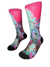 Load image into Gallery viewer, pink and teal cannabis leaf crew socks with black toe and heel black