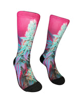 Load image into Gallery viewer, pink and teal cannabis leaf crew socks with black toe and heel